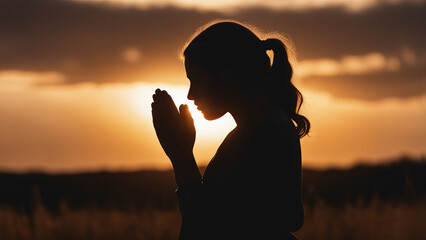 Silhouette of a praying girl with folded palms at sunset