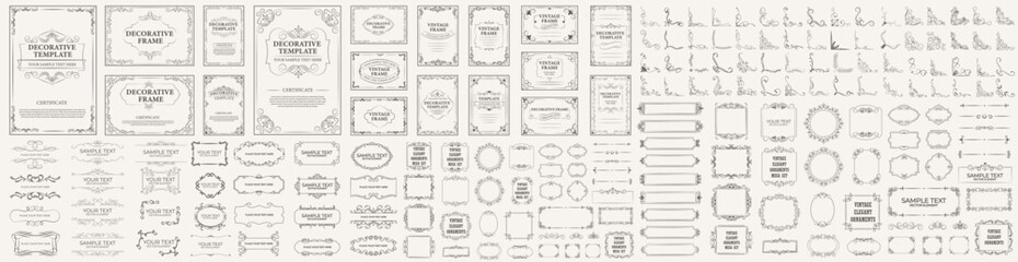 Decorative vintage frames, borders, corners. Retro ornamental frame vector set.