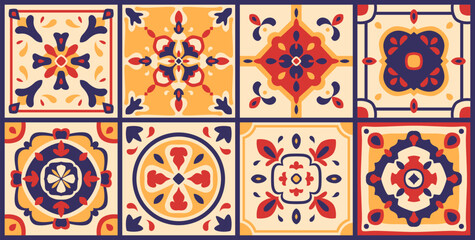 Moroccan tile pattern. Mosaic print, Azulejo, Spanish patchwork ornaments, Portuguese background in bright yellow, red, blue colors. Majolica floor, decorative pottery design, vector illustration.