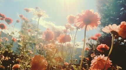 Nostalgic film photograph of everyday life from our childhood, flowers in the back yard, light leaks and old camera artifacts