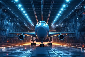 Airplane in the hangar at night. 3d rendering. Computer digital drawing.