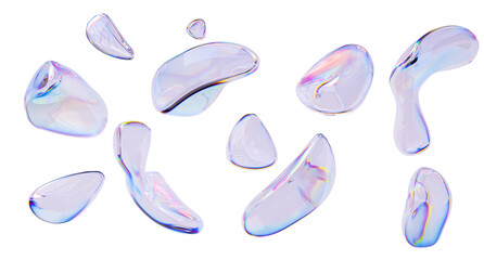 Iridescent modern design elements, glass gradient 3d organic shapes set, liquid abstract transparent 3d rendering objects.