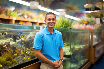 A cheerful man, an aquarium store seller, smiling as he assists customers, surrounded by colorful fish tanks and aquatic wonders