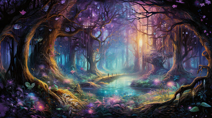 illustration of a fairy forest in purple color