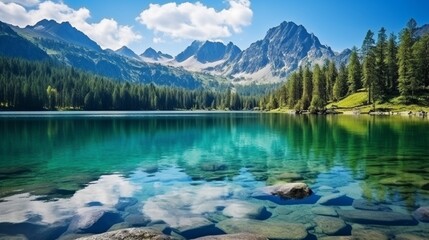 Mountain lake in National Park High Tatra. Strbske pleso, Slovakia, Europe. Beauty world