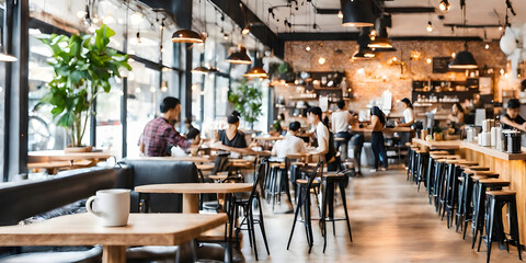 Bright Blur coffee shop with people in walking in blurred motion in coffee shop space