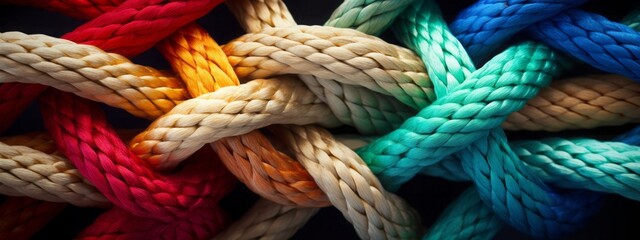 Team rope diverse strength connect partnership together teamwork unity communicate support. Strong diverse network rope team concept integrate braid color background cooperation empower power.