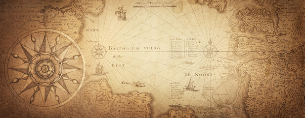 Old map collage background. A concept on the topic of sea voyages, discoveries, pirates, sailors, geography, travel and history. Pirate, travel and nautical background.
