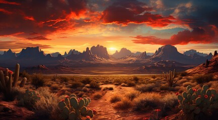 Wild West Texas desert landscape with sunset with mountains and cacti.