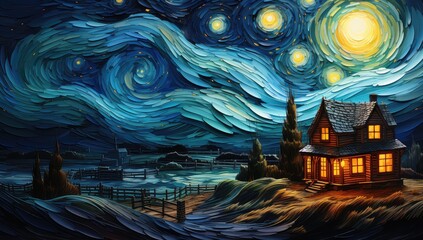 Gwiaździsta noc nad małym wiejskim domkiem. 