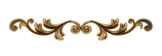 3D render of vintage gold baroque frame scroll, gold ornament on transparent background