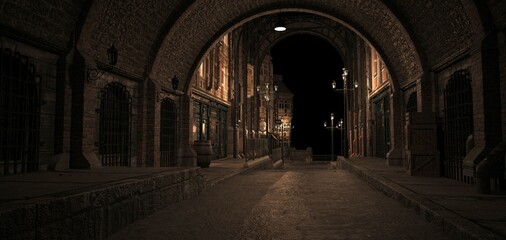 Steampunk street with arch at night. Lanterns illuminating old brick buildings. Beautiful night cityscape in a steampunk style. Photorealistic 3D illustration.