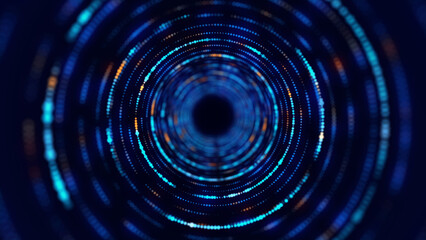 Technology wireframe circle tunnel on dark background. Futuristic 3D wormhole grid. Digital dynamic wave. 3d rendering.