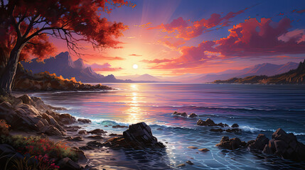 piękny widok zachodzącego słońca ze złoćistymi falami