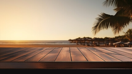 Concept of advertising image for product. Wooden table with blurred background located next to the beach. In the background and spectacular sunset