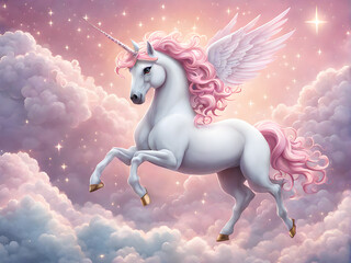 a white fairy unicorn with a pink mane and white wings jumps on pink clouds