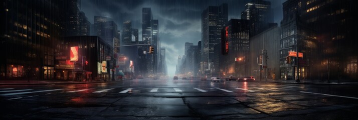 Night city, empty city streets after sunset, banner