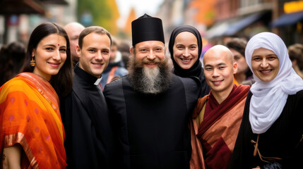 Portrait of smiling multinational people different religions stand together. National Religious Freedom Day. January 16. Holiday concept. Template for background, banner, card, poster and wallpaper