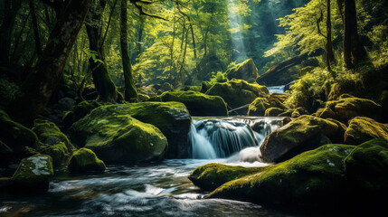 Małe wodospady na rzece w środku lasu liściastego w promieniach słońca