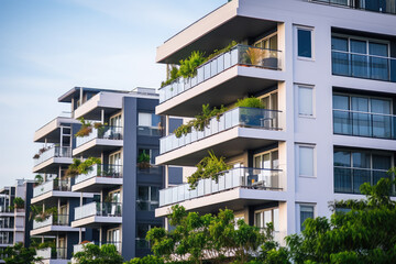 White modern residential building with green plant walls. Sustainable living, ecology and green urban environment concept