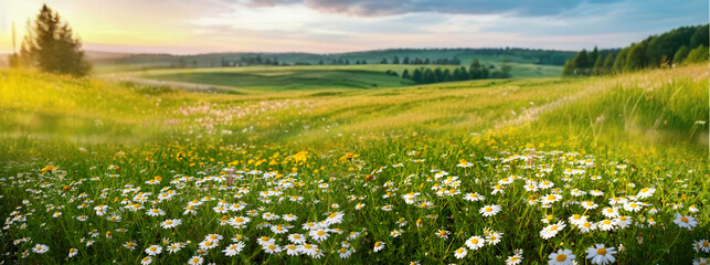 Beautiful spring and summer natural panoramic pastoral landscape with blooming field of daisies in the grass in the hilly countryside.