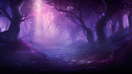 A mystical forest with a purple background.
