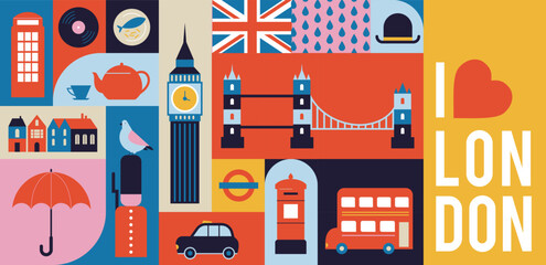 London, Uk, England geometrical banner design. Colorful modular illustration with London buildings, umbrella, red bus, cab, telephone and more. Vector elements,