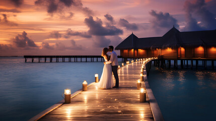 Newly married couple enjoying a romantic honeymoon in the maldives