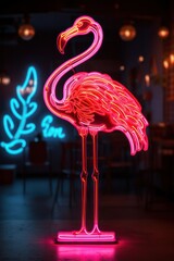 trendy neon pink flamingo bird sign glowing on a wall of a bar or restaurant on blue background