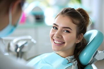 A smiling young woman with open mouth in a dental chair