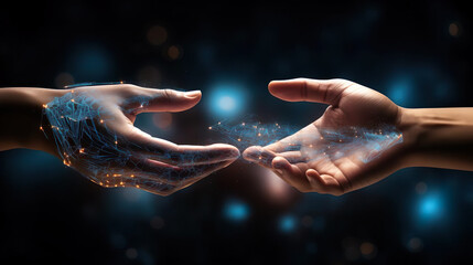 Transferring information from hand to hand. AI (artificial intelligence) meets man. Futuristic data flow technology in cyberspace close-up.