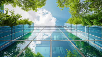 Architecture image with a modern glass building with a lot of green plants trees and bushes for business architecture environmental friendly and eco-concept