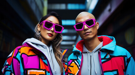 Photos of people in neon-colored street clothes. The style of the 90s meets the modern style. Generative AI