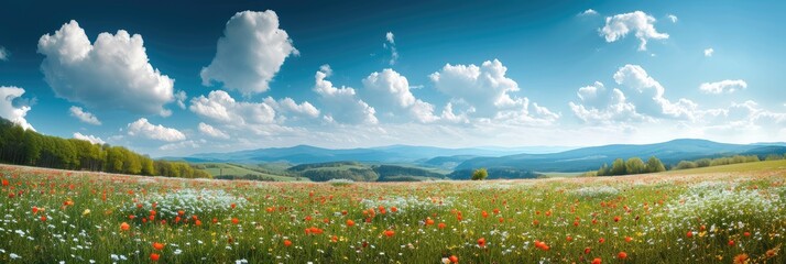 Wide panorama of a meadow with spring flowers. Generative AI.