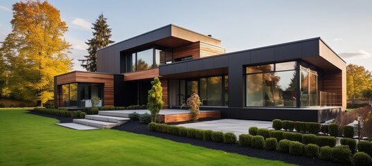 Luxurious modern cubic house with wooden cladding and black panel walls, front yard landscaping