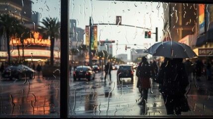 Busy city street view with heavy rain.