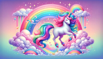 Rainbow Unicorn Fantasy. A vibrant unicorn prances in a fantasy world with rainbows and clouds.