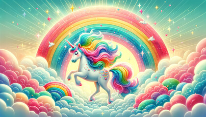 Unicorn Rainbow and Stars. A unicorn with a rainbow mane leaps through a starry sky.