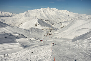 Snowy alps mountains in Europe.. French alps in winter, Les deux alpes Rhone Alpes in France Europe