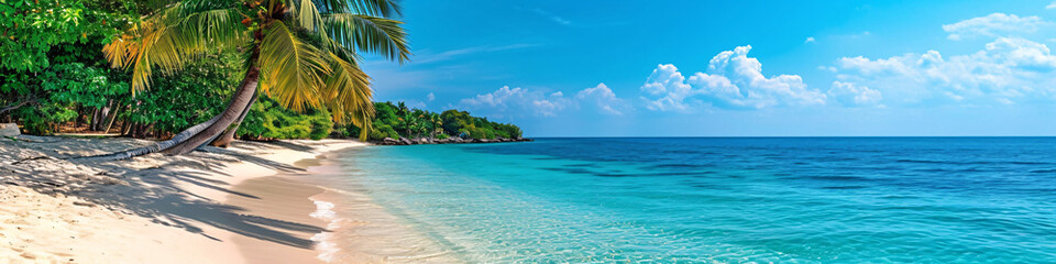 Tropical beach panorama with clear turquoise water and palm trees. Vacation and travel concept 