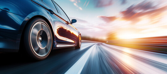 car driving in motion, blue car on high speed . Blue car rushing along a high-speed highway.banner