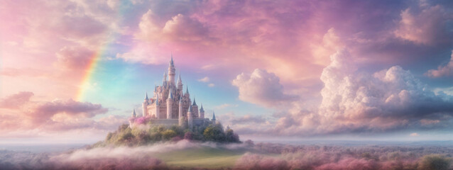 Pastel rainbow sky with fluffy clouds, unicorn and fantasy castle, 4K dreamscape