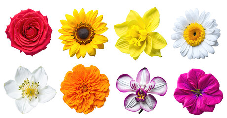 Set of various beautiful blooming flowers isolated on transparent background. Generative AI