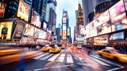Dynamic Times Square Rush Hour with Blurred Traffic and Pedestrians