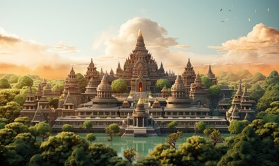 Fantasy landscape with ancient temple and cloudy sky. 3D rendering, Generate an image that unveils the ethereal beauty, AI Generated