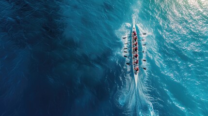 Aerial drone top ultra wide panoramic view of sport canoe rowing synchronous team of athletes competing in deep blue sea