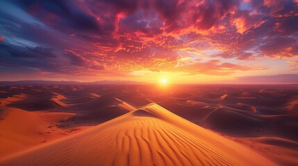 An expansive desert landscape at sunset, vivid colors in the sky, dunes creating patterns, portraying the beauty of wilderness. Resplendent.