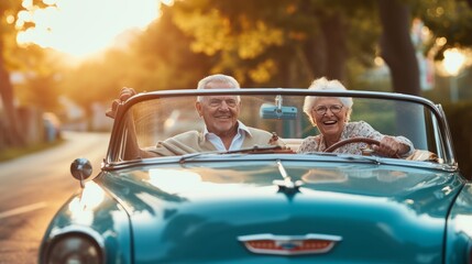 Happy senior couple riding an old vintage convertible car. A sense of freedom and relaxation, capturing a moment of enjoyment during a scenic drive. Active senior people concept.