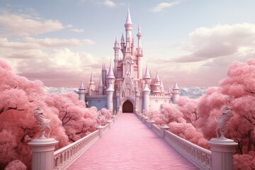 A wonderful cute princess castle in a fairytale style, a wonderful cute princess castle in a fairytale style, pink design. Ai generated
