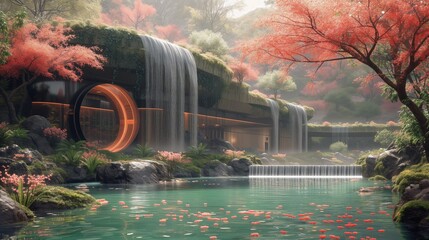 Nowoczesna willa z basenem i wodospadami na dachu